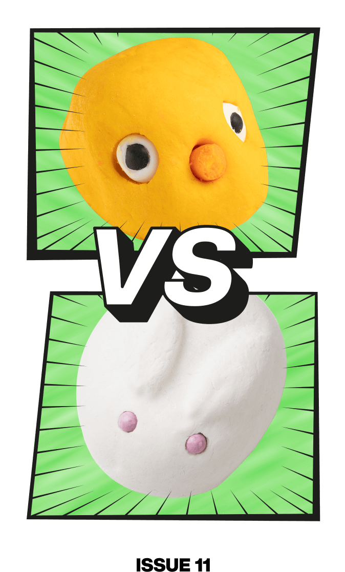 A picture of two bath bombs stacked vertically with the words vs between them